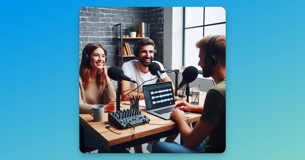 Picture was generated by Generative AI. Prompt: Generate please a realistic photo of a podcast episode where 3 or more people sit in a room, smiling and talking. Room is equipped with a modern equipment for podcast making.