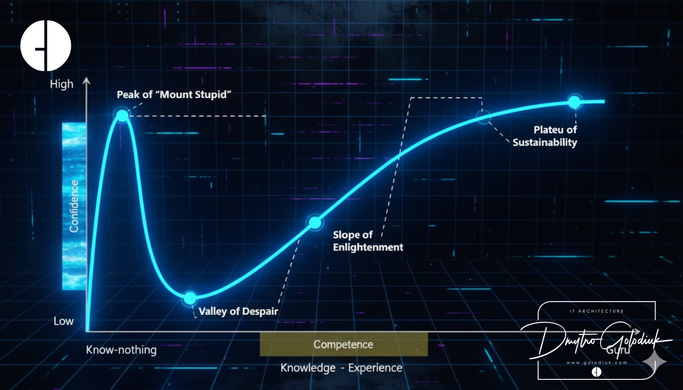 A diagram showing the Dunning-Kruger effect curve, with the 'Peak of Mt. Stupid,' 'Valley of Despair,' 'Slope of Enlightenment,' and 'Plateau of Sustainability.'